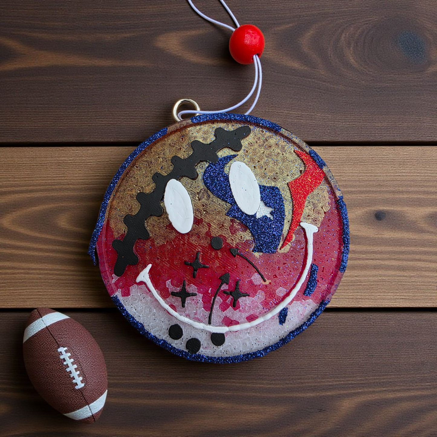 leather scent freshie, game day car freshener, smiley car charm, football season accessory, handmade car freshie, masculine scent freshie, sporty car decor, long lasting car fragrance, glitter smiley freshie, small batch handmade