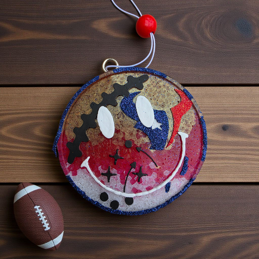leather scent freshie, game day car freshener, smiley car charm, football season accessory, handmade car freshie, masculine scent freshie, sporty car decor, long lasting car fragrance, glitter smiley freshie, small batch handmade
