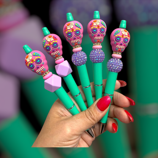 sugar skull pen, dia de los muertos pen, colorful pen, bead pen, refillable pen, cute stationery, novelty pen, planner accessories, boutique pen, skull pen