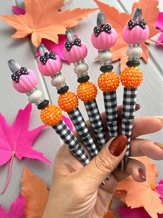pink pumpkin pen, fall pen, plaid pen, pumpkin stationery, autumn bead pen, refillable pen, cute office supplies, halloween pen, planner accessories, seasonal pen