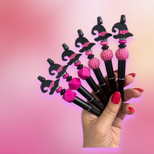 witch hat pen, halloween pen, pink pen, spooky cute stationery, bead pen, refillable pen, fall writing pen, seasonal office supplies, witchy vibes, planner accessories