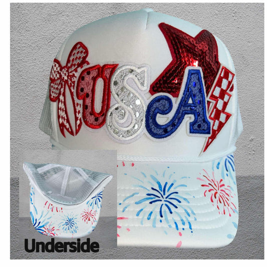 patriotic hat, USA hat, 4th of July hat, sequin trucker hat, summer hat, mesh cap, red white and blue hat, firework hat, limited edition