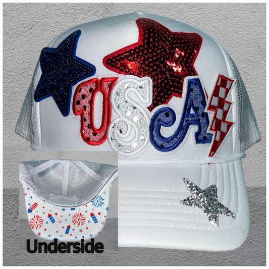 patriotic hat, USA hat, 4th of July hat, sequin trucker hat, summer hat, mesh cap, red white and blue hat, firework hat, limited edition